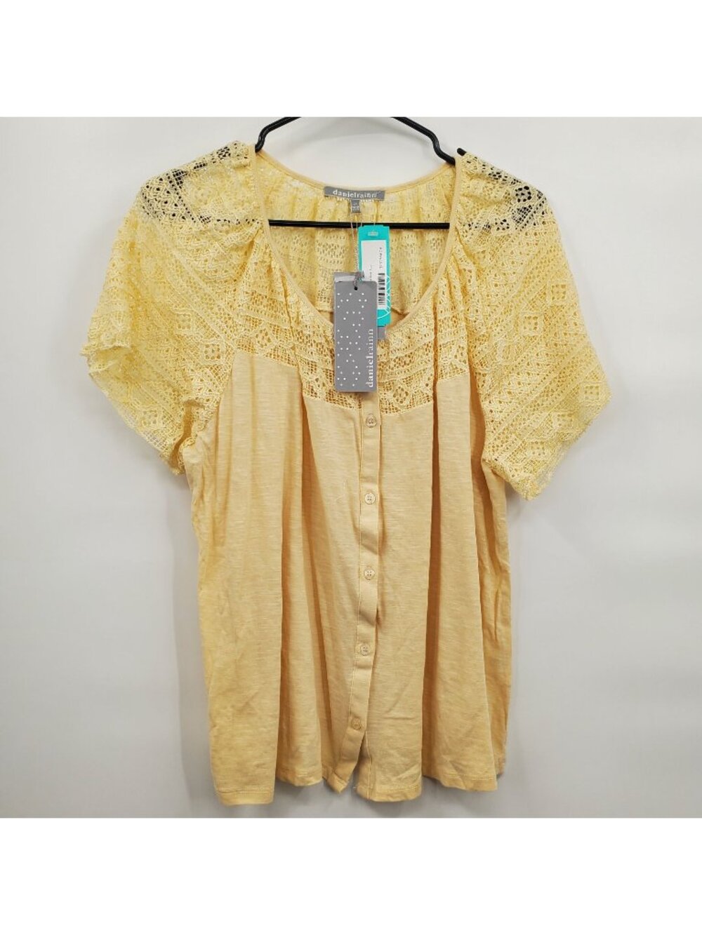 Daniel Rainn Lace Short Sleeve Knit Top Women Plus Size 2X NWT Yellow Scoop Neck